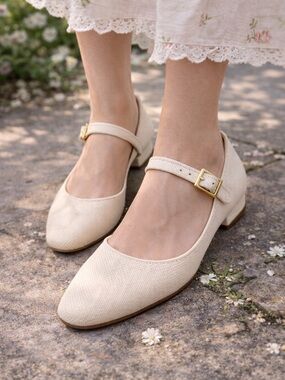 Franco Sarto Beige Valerina Mary Jane Buckle Strap Flats 8.5 Woven Square Toe